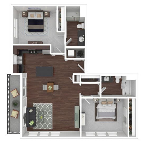 two bedroom two bath 1030 sqft floor plan