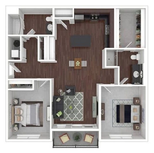 Two bedroom 1081 square feet floor plan