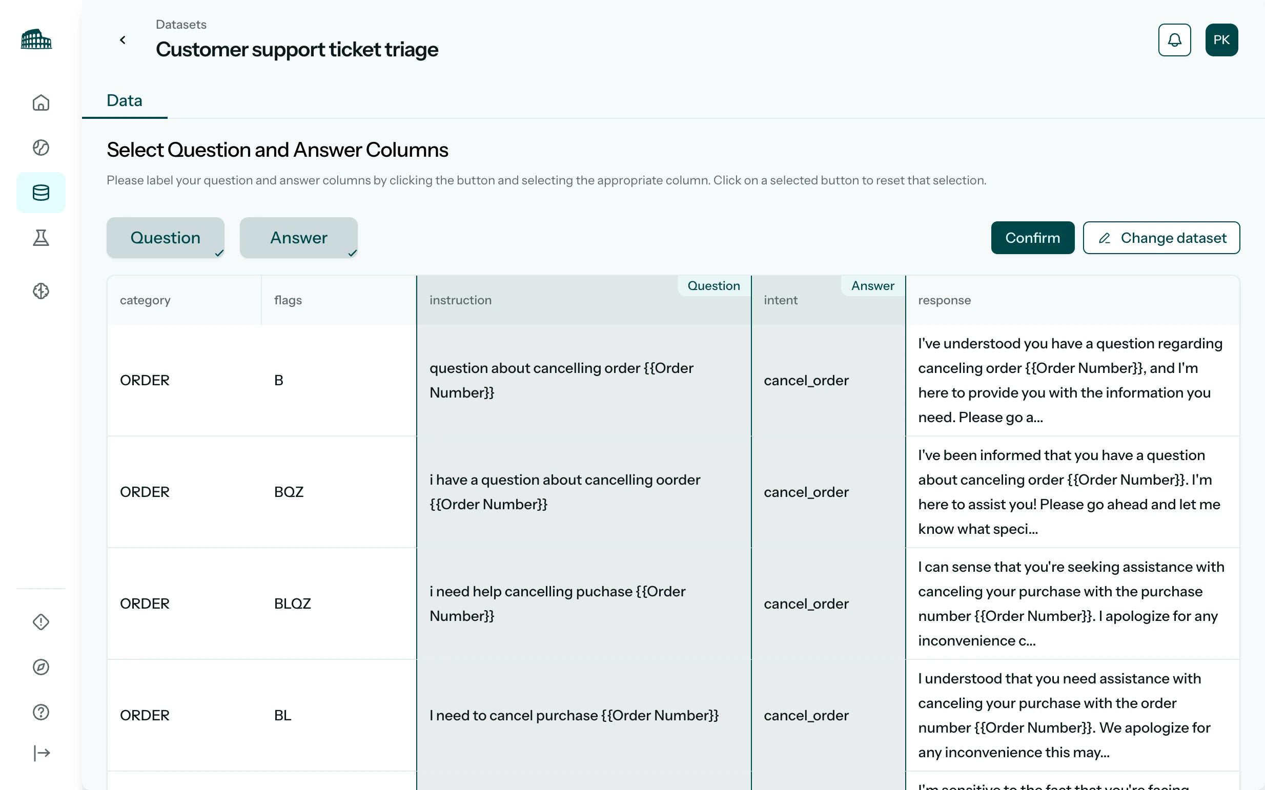 Arena dataset screen with question and answer columns mapped on a customer support ticket triage dataset