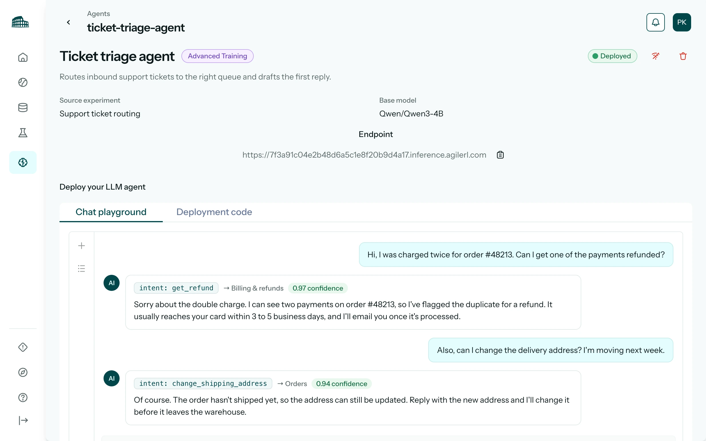Arena deployed ticket triage agent routing support messages in the chat playground