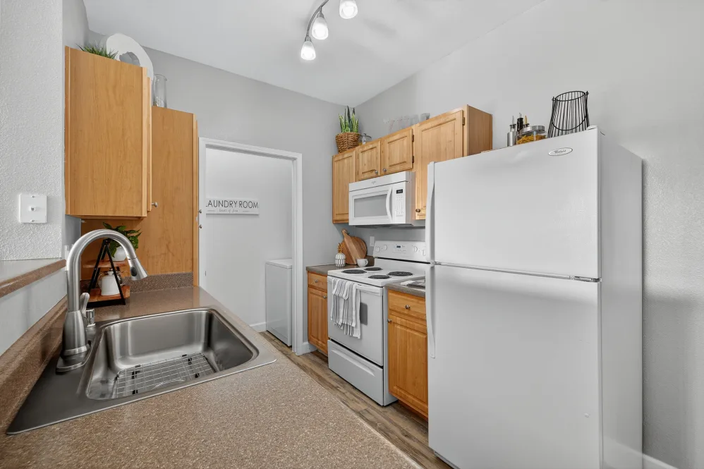 Kitchen with brown cabinets