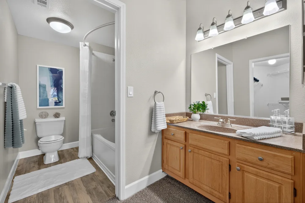 Bathroom with brown cabinets