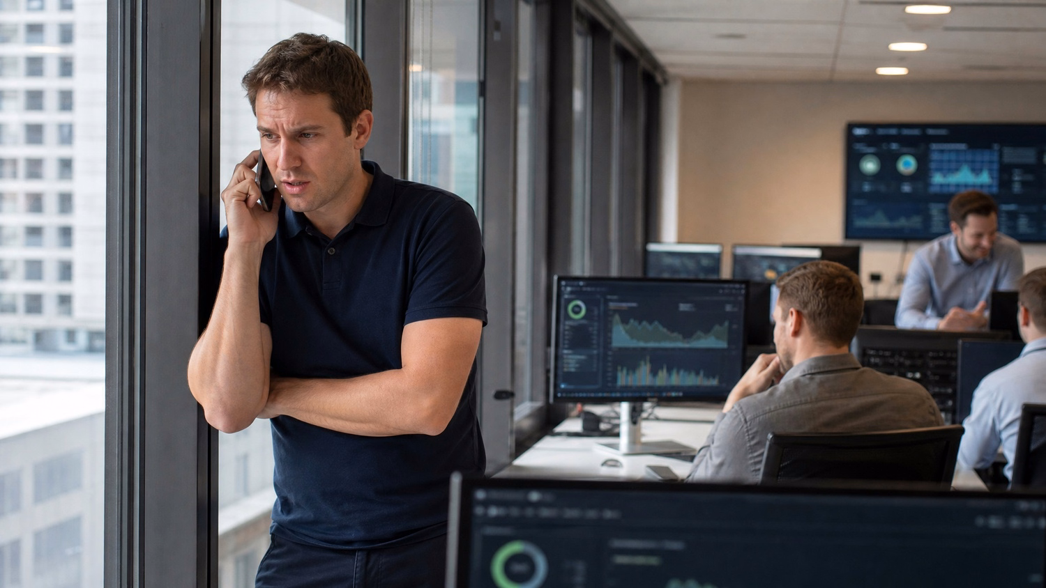Man in polo urgently discusses security alert on phone