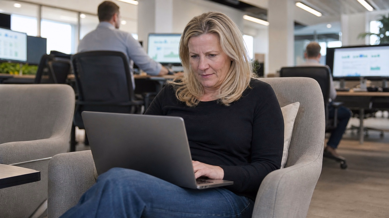 Woman urgently replying to email on laptop in lounge 60 chars