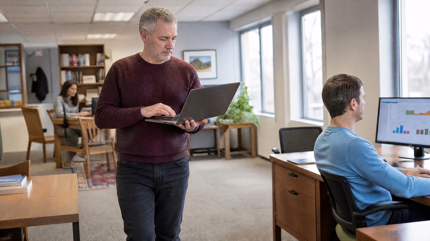 IT technician walks corridor carrying open laptop