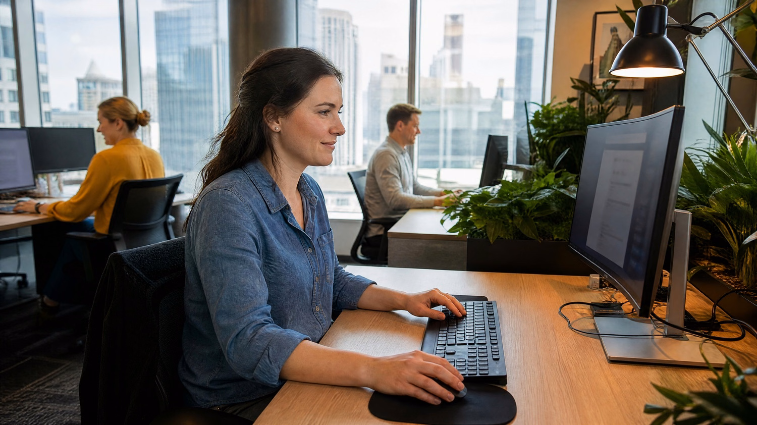 Woman at desk with computer, focused on work