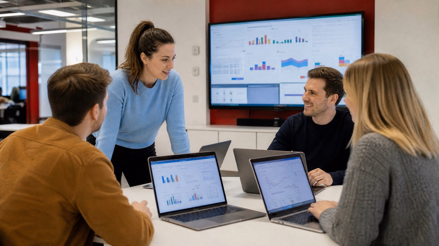 Colleagues collaborating on laptops around a table