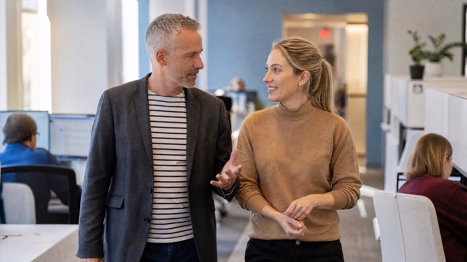 Man and woman discussing work in modern office setting