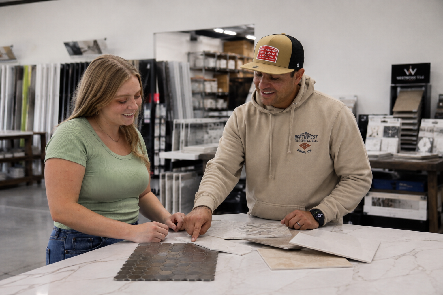Tory and Tori looking at tile