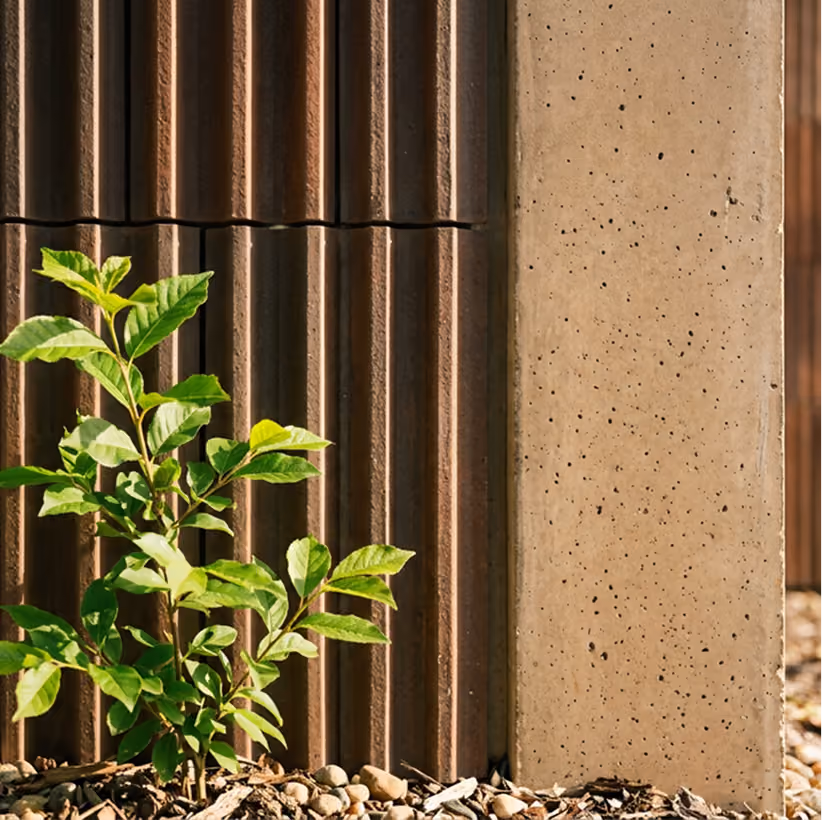 Green plant growing next to textured brown and smooth beige concrete walls with stones on the ground.