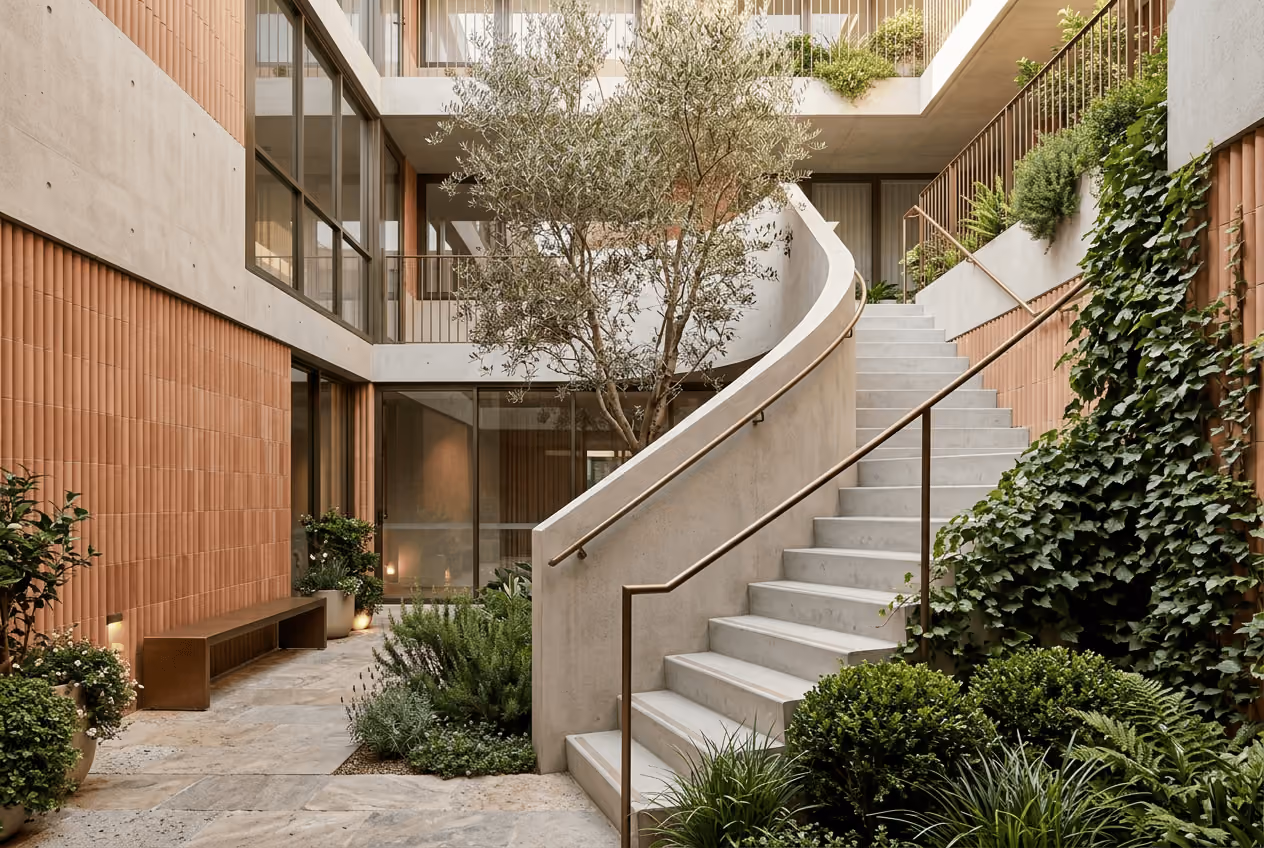Modern outdoor courtyard with concrete stairs, plants, wooden bench, and greenery on walls.