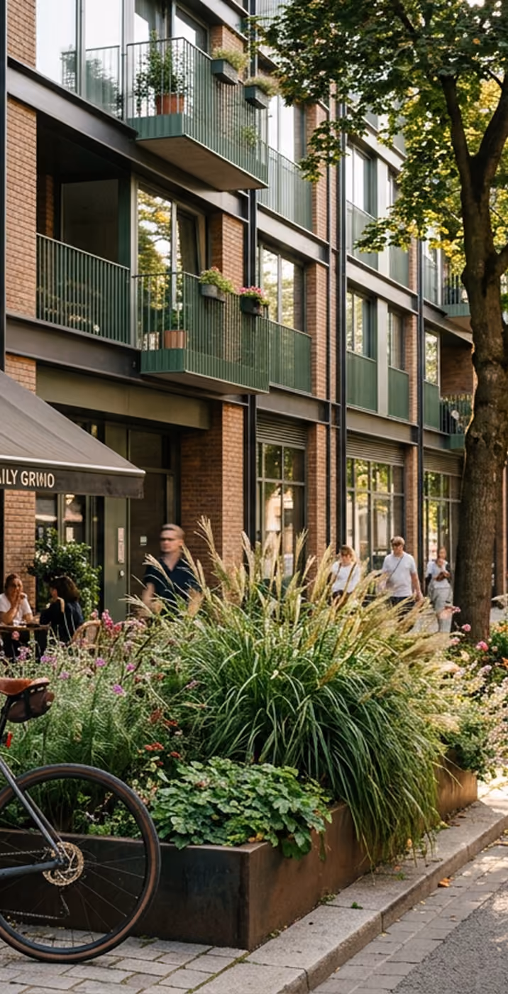 Street view of a brick building with green balconies, plants, and people walking and sitting outside.