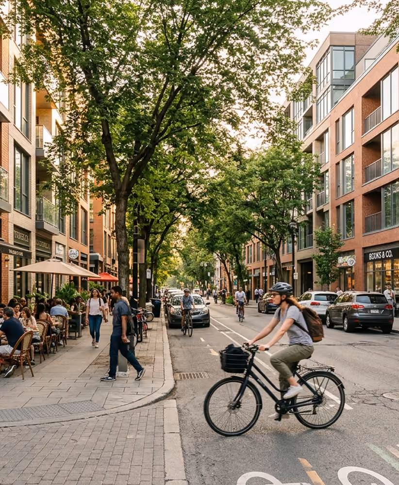 Person wearing helmet rides bike on city street with parked cars and people dining outdoors.