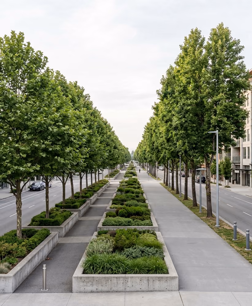 Long urban median with green shrubs and trees along a street with sidewalks and buildings.