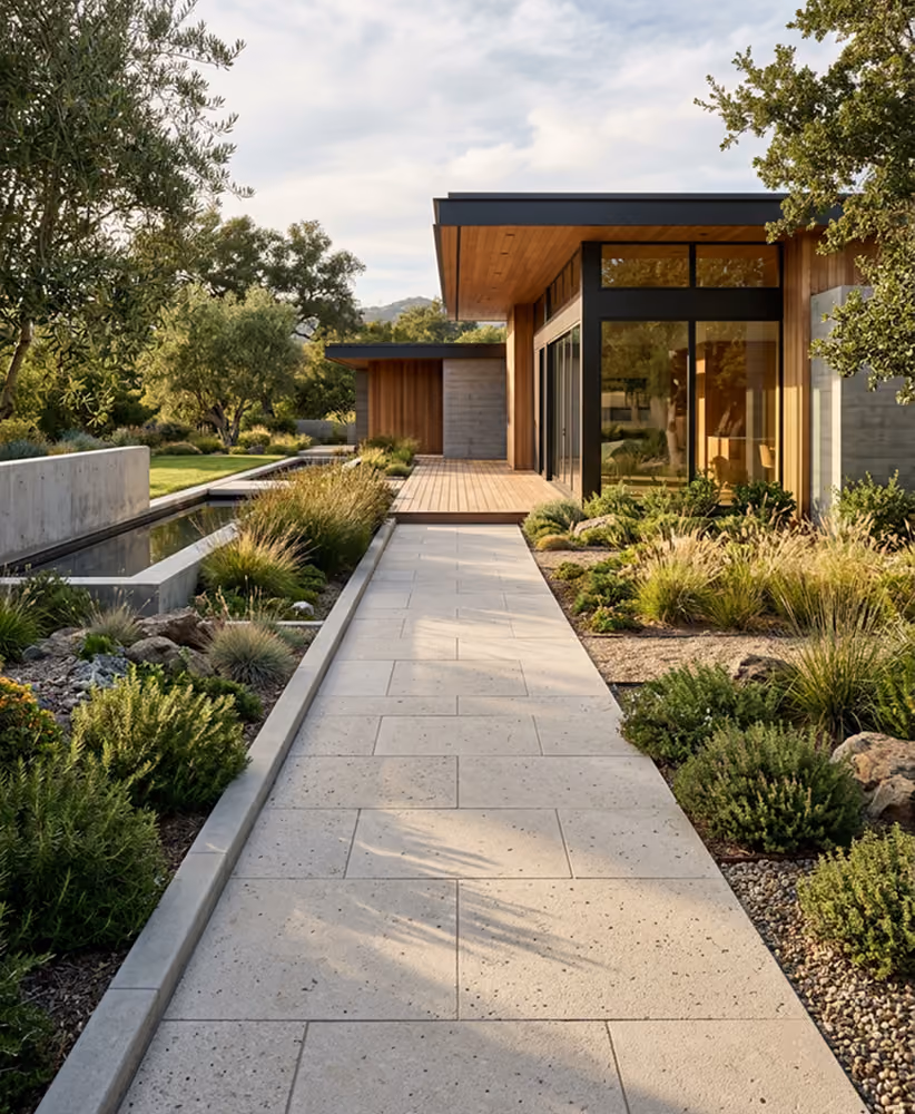 Modern house with large windows, wooden siding, stone walkway, and landscaped garden with trees and shrubs.