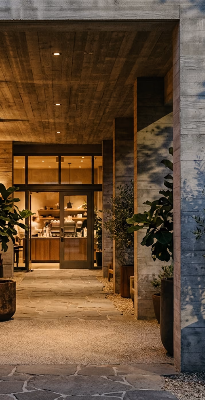 Stone corridor with potted plants leading to a warmly lit café entrance with glass doors.