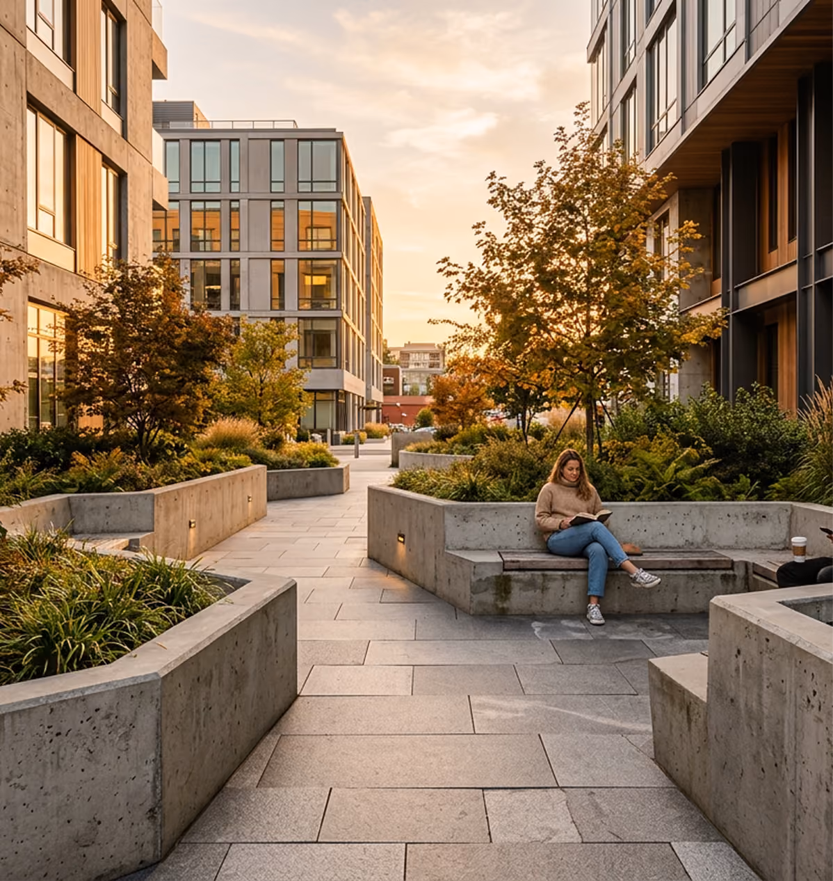 Woman reading on a concrete bench in an urban courtyard with trees and modern buildings at sunset.