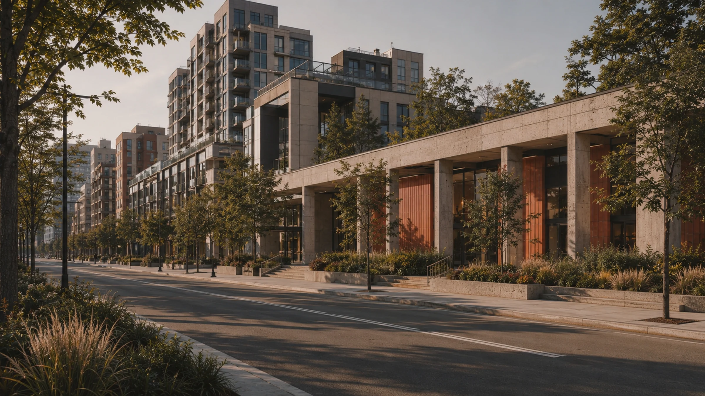 Woman reading on a concrete bench in an urban courtyard with trees and modern buildings at sunset.