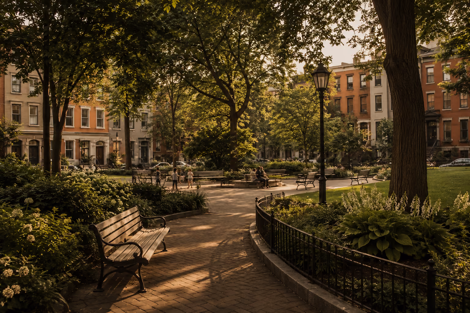 Woman reading on a concrete bench in an urban courtyard with trees and modern buildings at sunset.