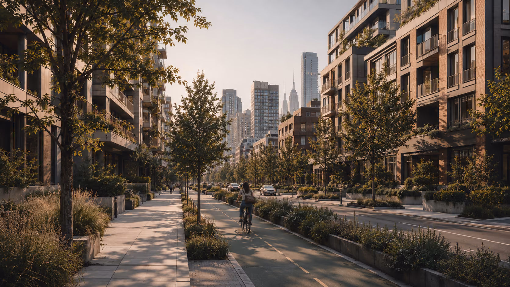 Woman reading on a concrete bench in an urban courtyard with trees and modern buildings at sunset.