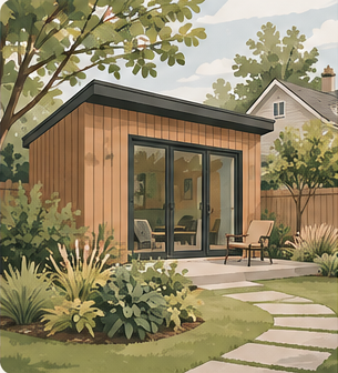 Illustration of a rear-yard accessory structure in a landscaped residential yard.