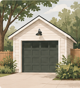 Illustration of a detached garage and landscaped residential driveway.