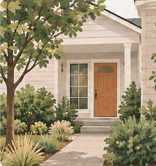 Illustration of a residential front entry and landscaped yard for flexible living space.