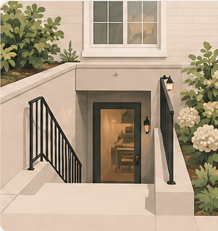 Illustration of a residential basement entrance with steps and landscaping.
