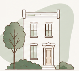 Line illustration of a house and tree.