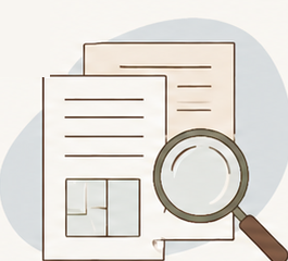 Line illustration of documents and a magnifying glass.