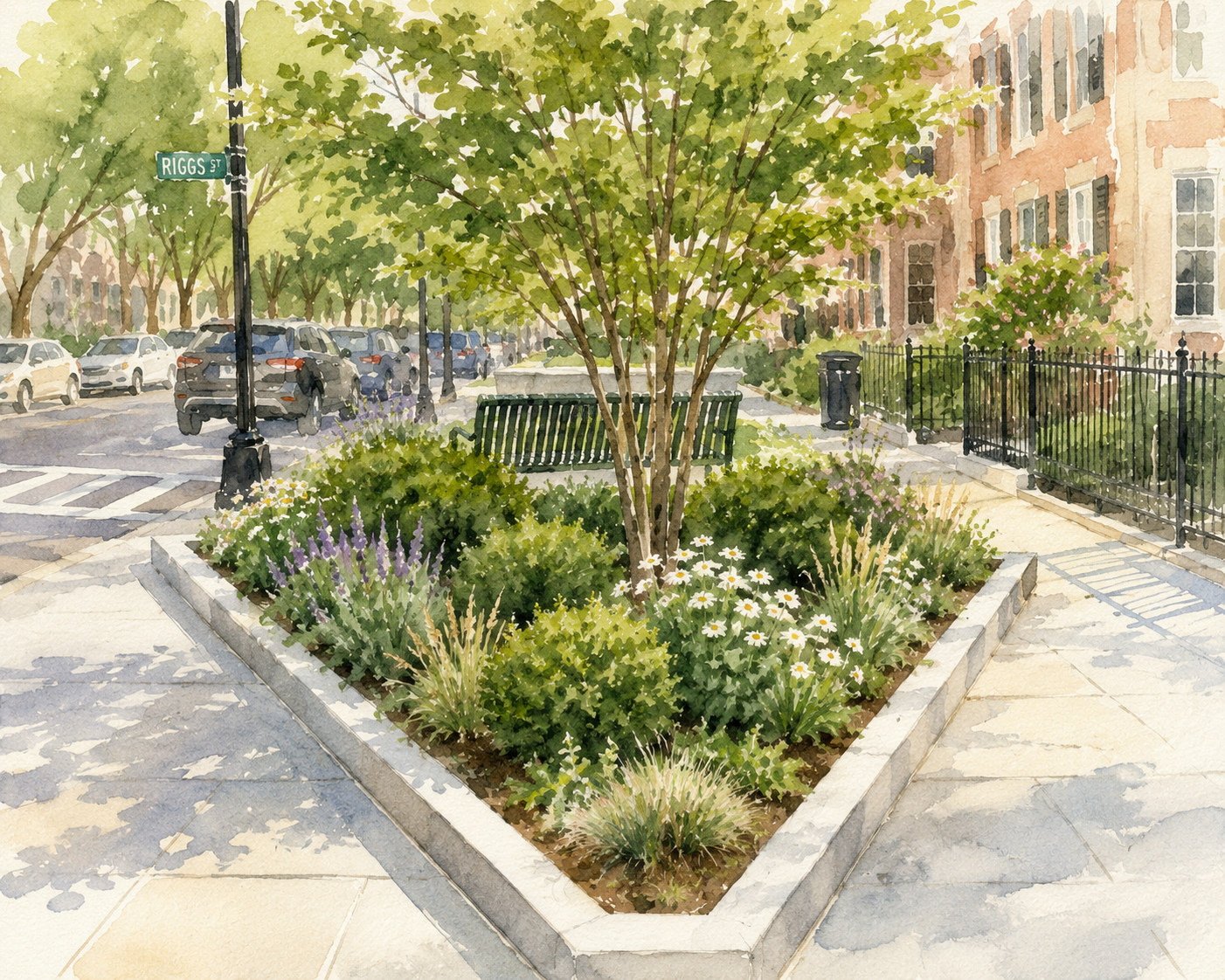 Small triangular park in Washington, DC, illustrating how the city’s diagonal avenues create distinctive public spaces.