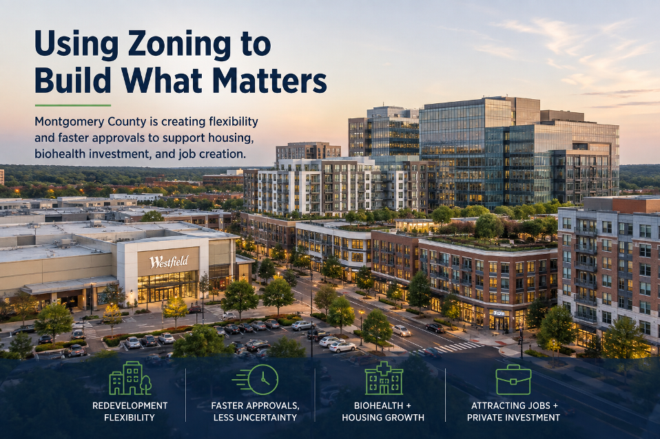 Large Montgomery County shopping center and surrounding development illustrating opportunities for mixed-use redevelopment.