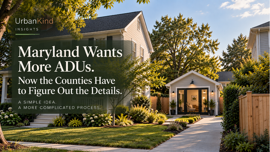 Maryland single-family home with a small accessory dwelling unit, illustrating new State and local ADU rules.