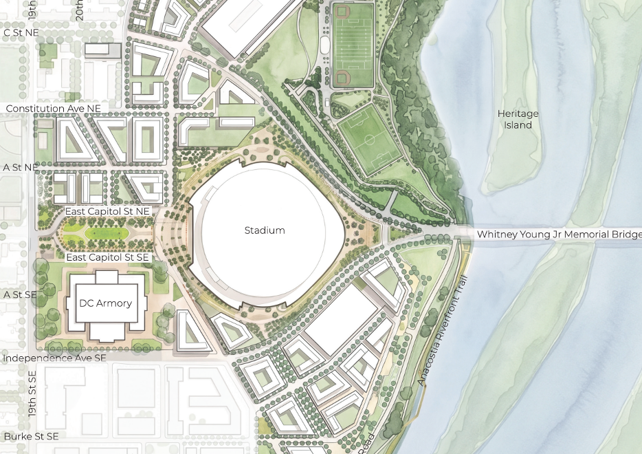Illustrative plan of the proposed RFK Campus showing a new stadium, housing districts, parks and Anacostia River connections.