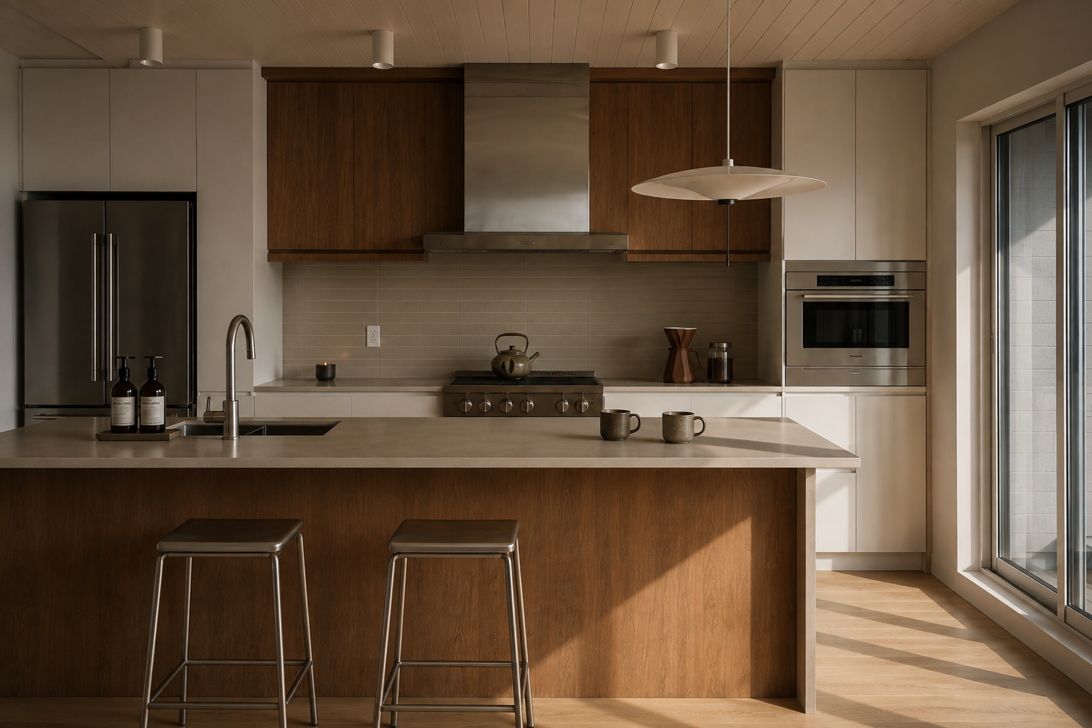 Cuisine d'un condo de Rive Lac Tremblant avec armoires en noyer, îlot en quartz et électroménagers en acier inoxydable