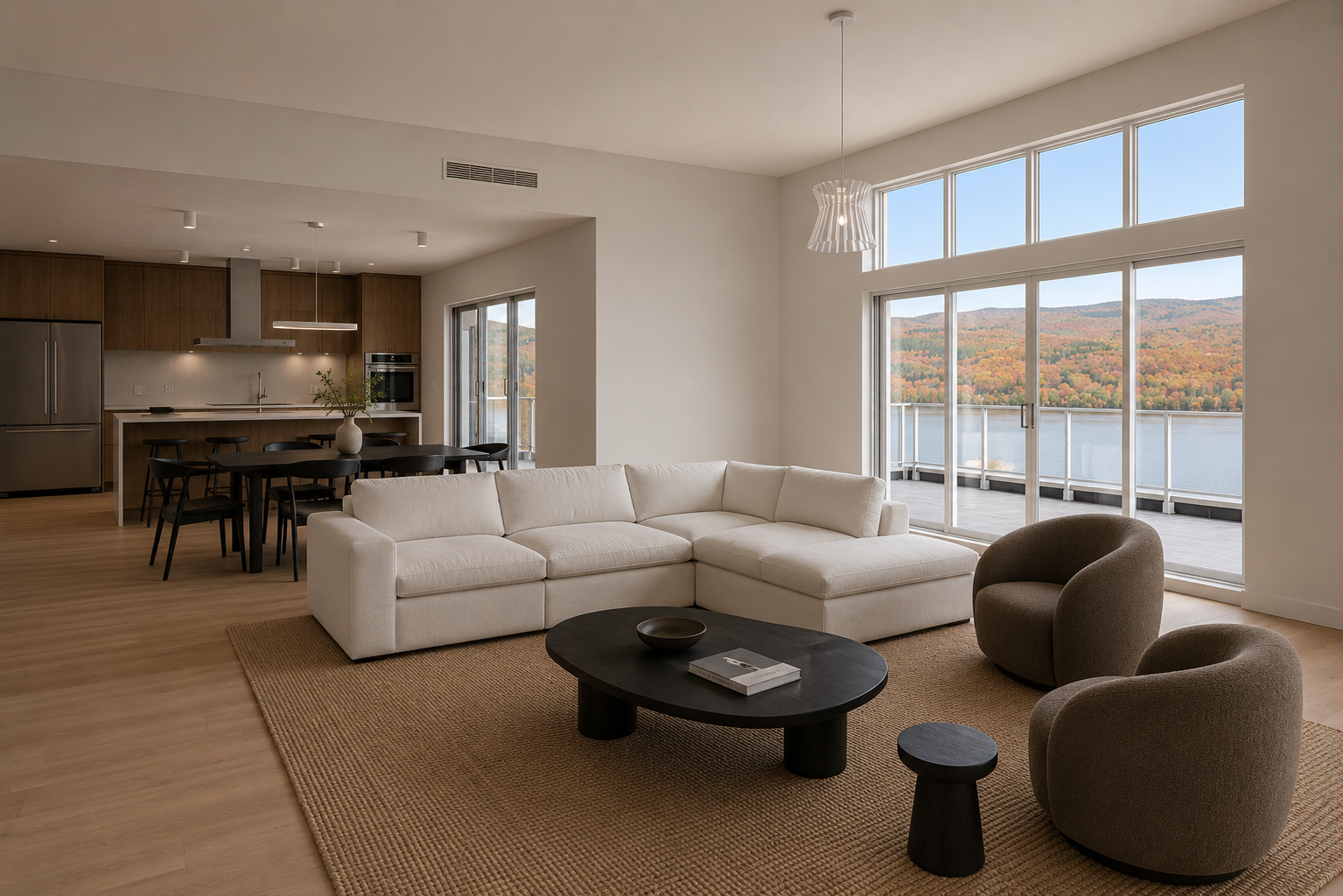 Spacious Rive Lac Tremblant condo living room with sectional sofa and floor-to-ceiling windows overlooking the lake in autumn
