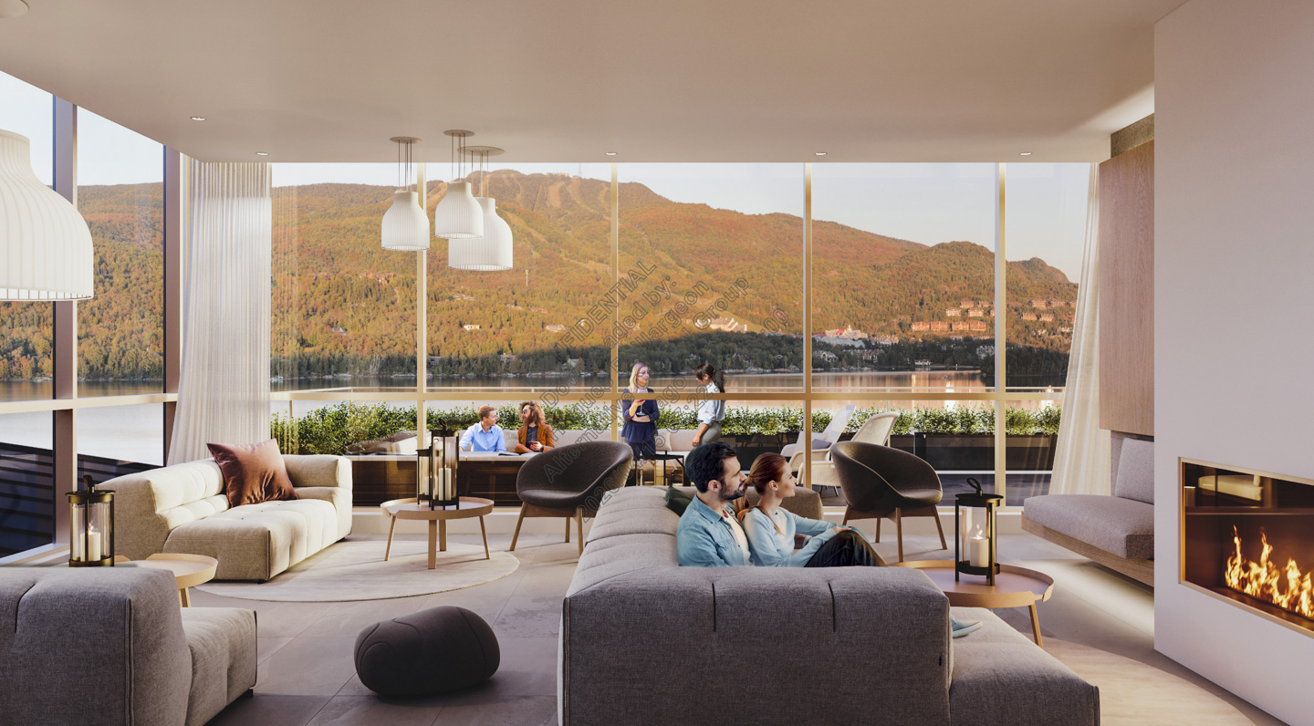 Rendu du salon des propriétaires de Rive Lac Tremblant avec foyer et fenestration pleine hauteur sur le mont Tremblant