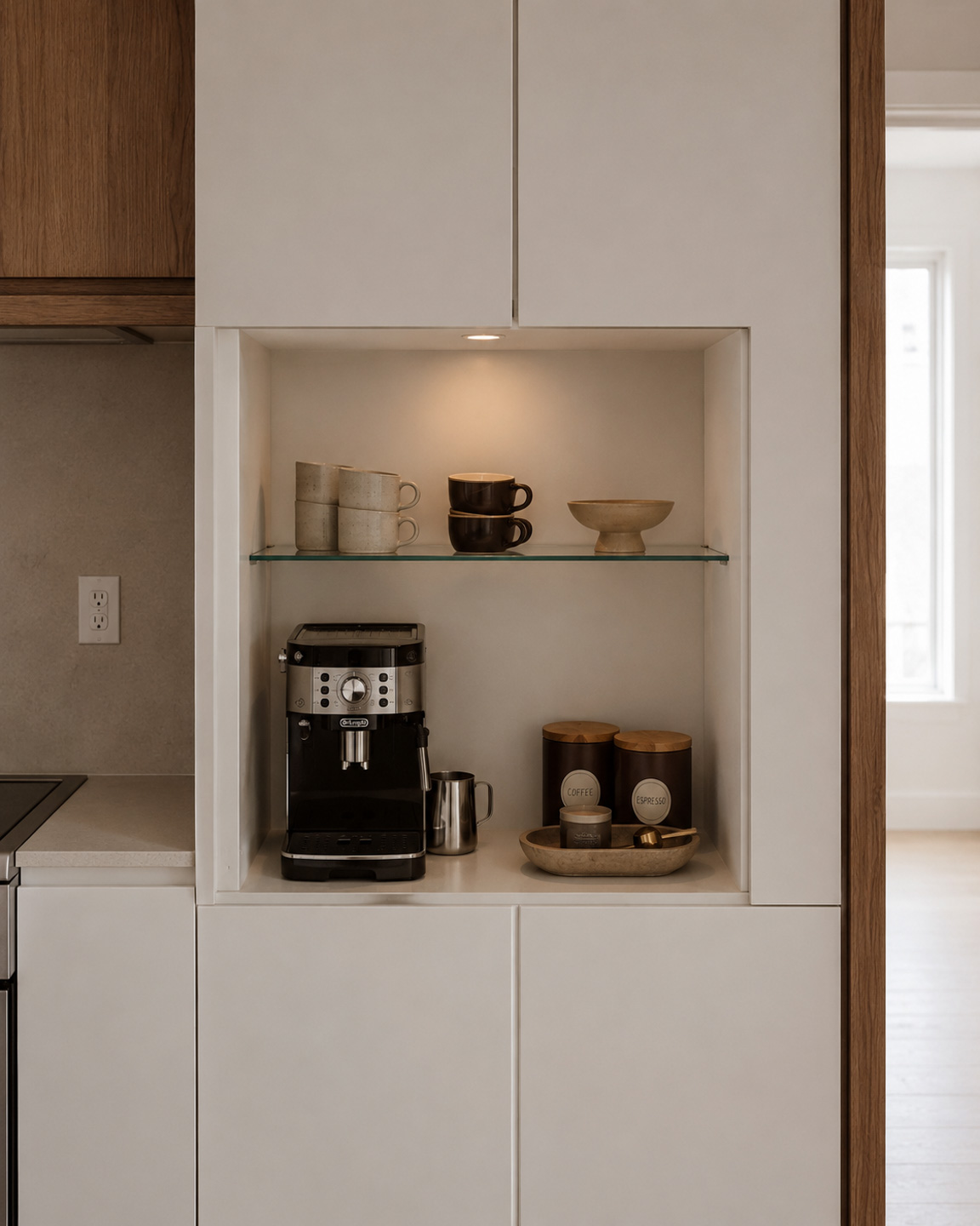 Built-in coffee nook with espresso machine and ceramic cups in a Rive Lac Tremblant kitchen