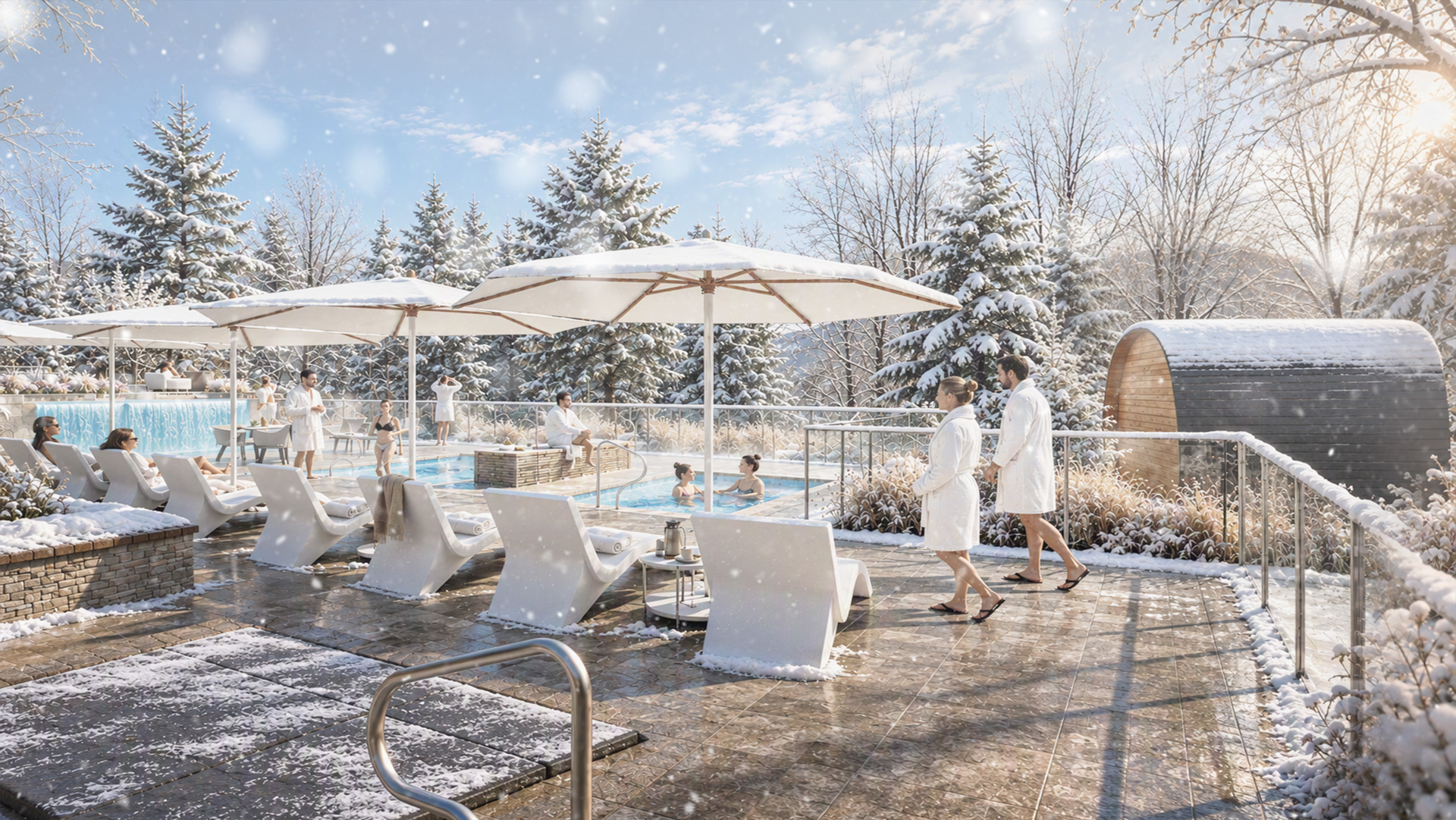 Rendu hivernal de la piscine extérieure et des spas de Rive Lac Tremblant avec résidents en peignoir