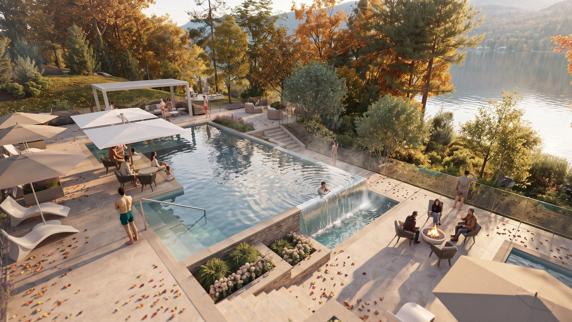 Rendu de la piscine chauffée à débordement et du spa de Rive Lac Tremblant surplombant le lac en automne