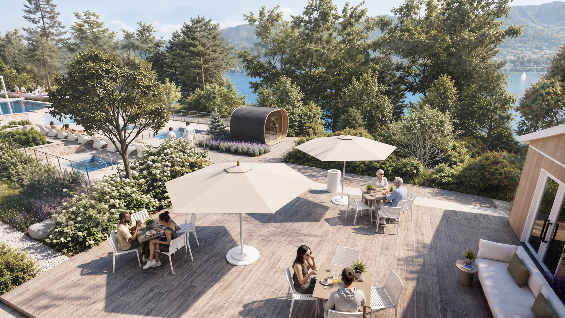 Rendu de la terrasse bistro de Rive Lac Tremblant avec parasols, sauna et vue sur le lac