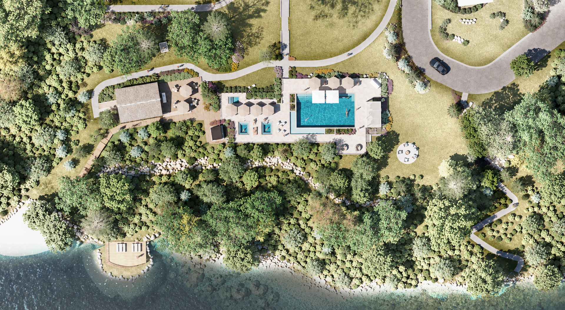 Plan aérien des aménagements riverains de Rive Lac Tremblant avec piscine, spa, plage privée et quai