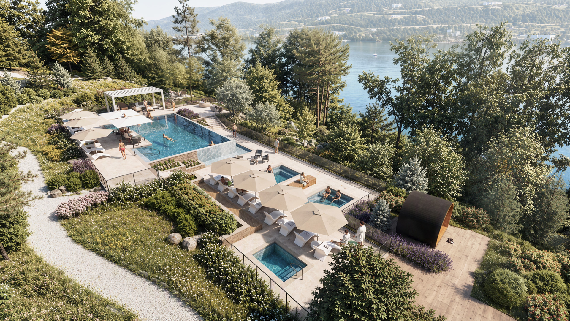 Rendu aérien de la piscine à débordement, des spas et du sauna de Rive Lac Tremblant au-dessus du lac Tremblant
