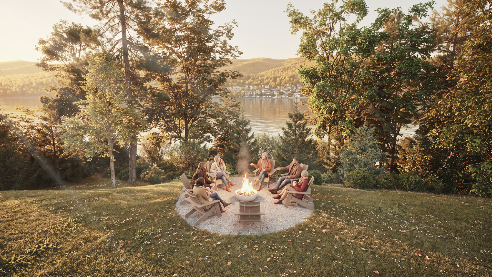 Rendu de résidents réunis autour d'un foyer extérieur au bord du lac à Rive Lac Tremblant en automne