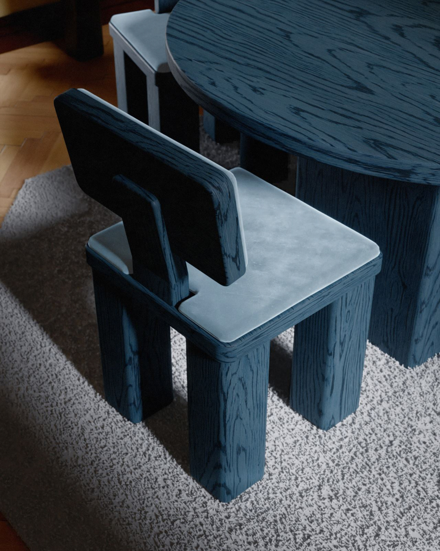Blue-stained oak dining chair with grey upholstered seat by Studio Super Sunday