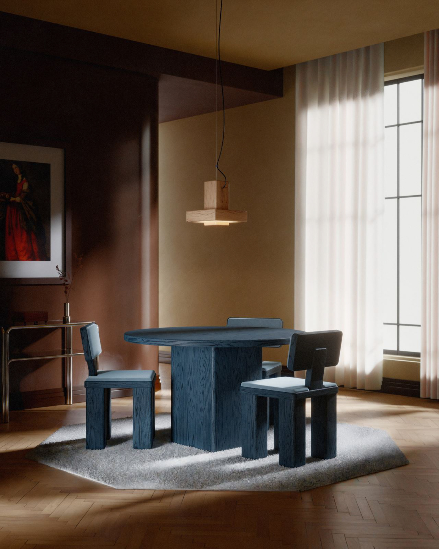 Dining room with a round blue oak table, sculptural chairs and wood pendant light by Studio Super Sunday
