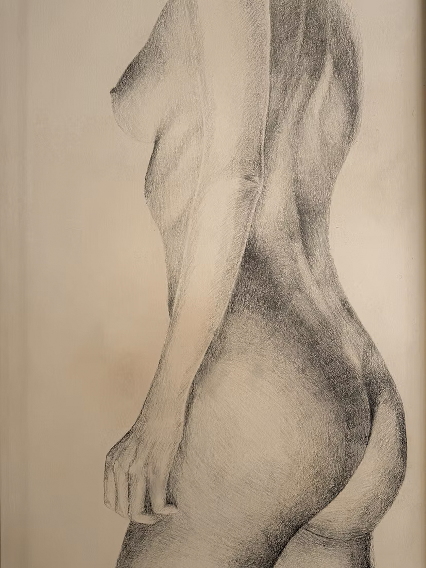 Graphite figure drawing of a standing nude by Oda and King, local artwork featured at Rive Lac Tremblant