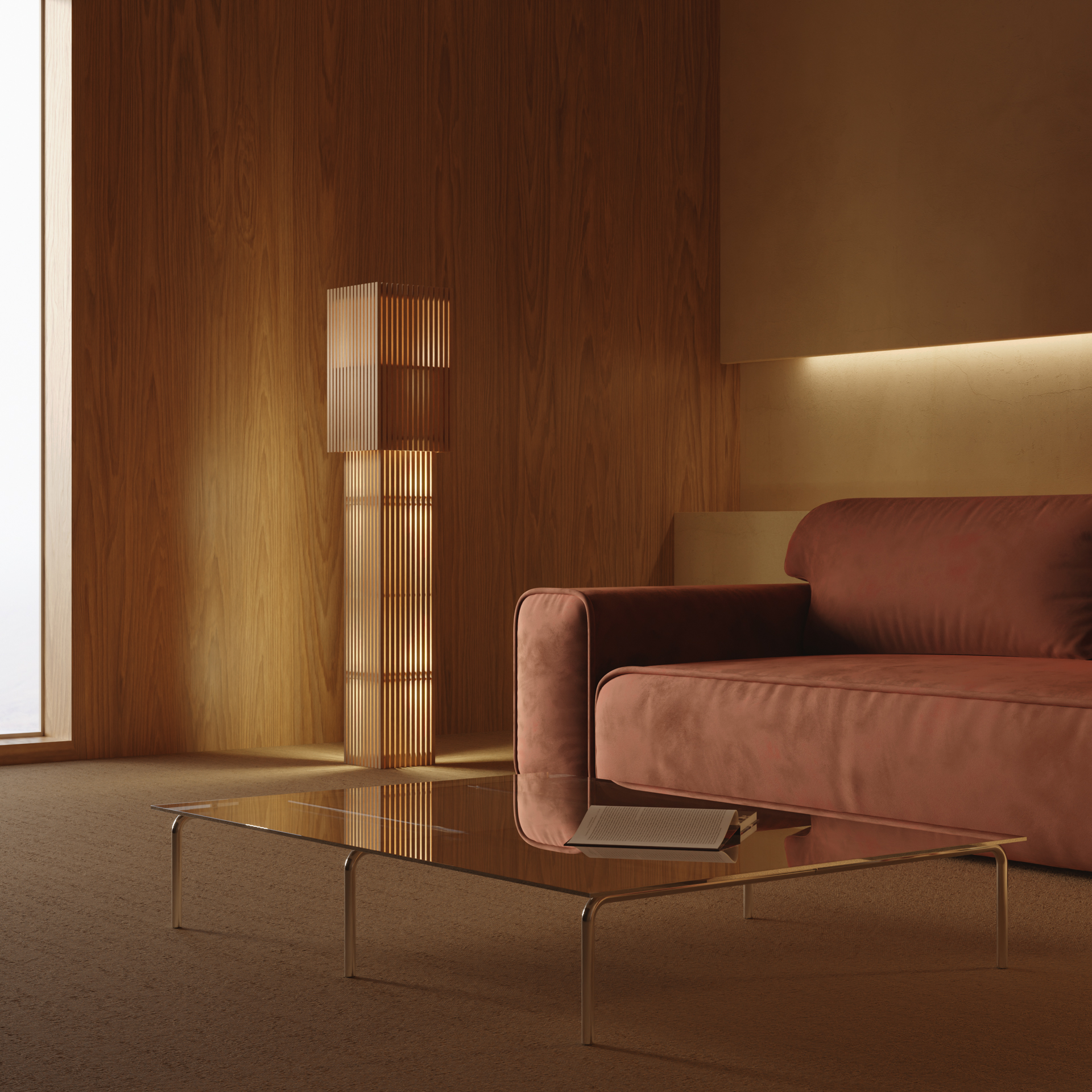 Warm wood-panelled living room with terracotta velvet sofa, glass coffee table and slatted wood floor lamp by Stamatios