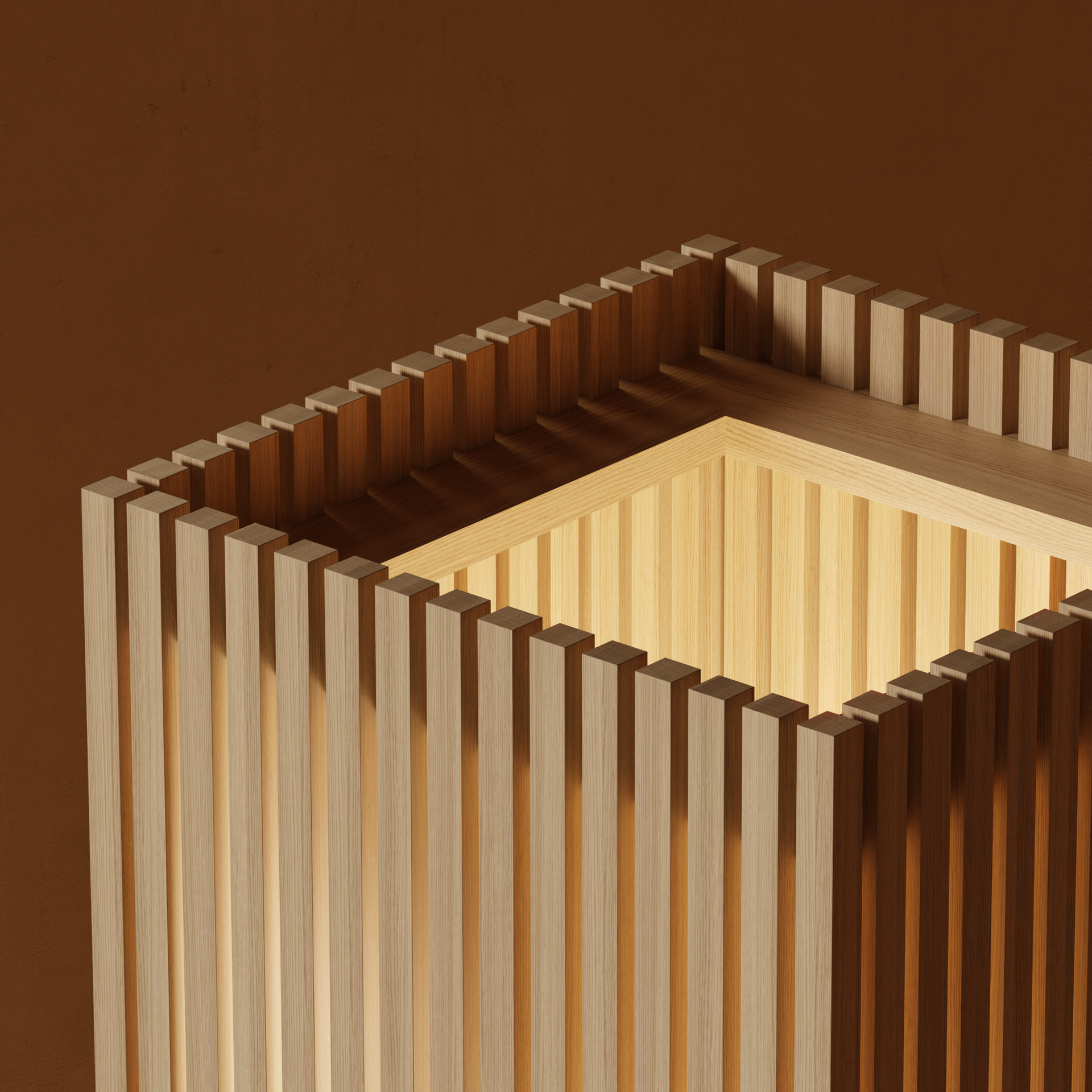 Close-up of a slatted wood floor lamp by Stamatios glowing against a warm brown wall