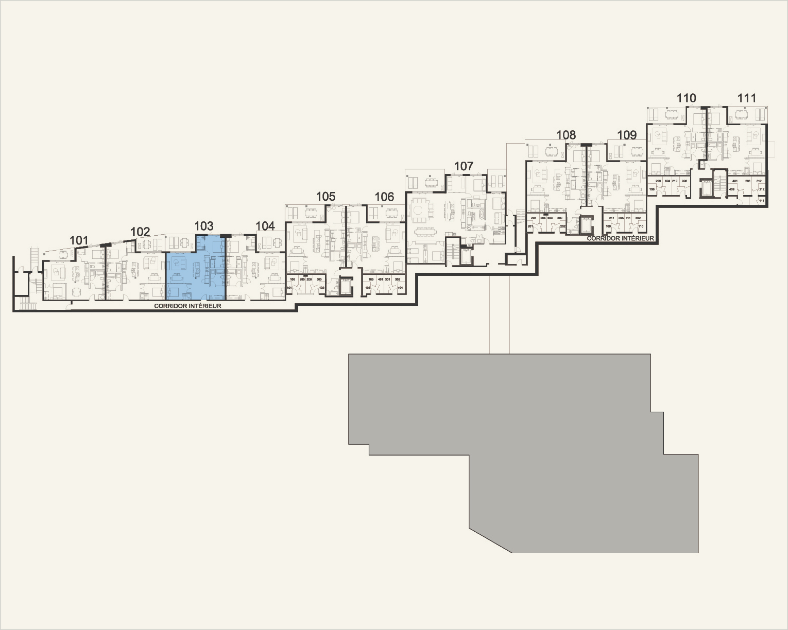 Building floor plan highlighting residence 103 at Rive Lac Tremblant